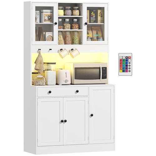 HOMCOM Armoire de Cuisine avec LED et multiprise, Buffet Cuisine Meuble de Rangement avec placards et tiroir, Portes vitrées, télécommande Inclus, pour...