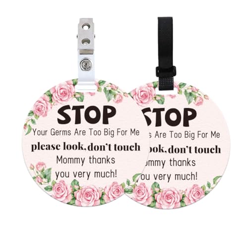 Image of 2 Pack Rose Flower Style Do Not Touch Signs Greenery Stop No Touching Car Seat Sign Stroller Tag with Hanging Strap and Clip Durable Car Safety Signs Tags for Car Accessories 5 Inches