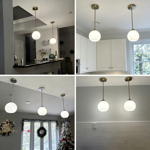 Image of 2 Pack Gold Globe Pendant Lights, Mid Century Gold Pendant Light Fixtures, Globe Pendant Lights Kitchen Island with Milk Glass Shade Adjustable Hanging Fixture for Dining Room (Bulbs not Included)