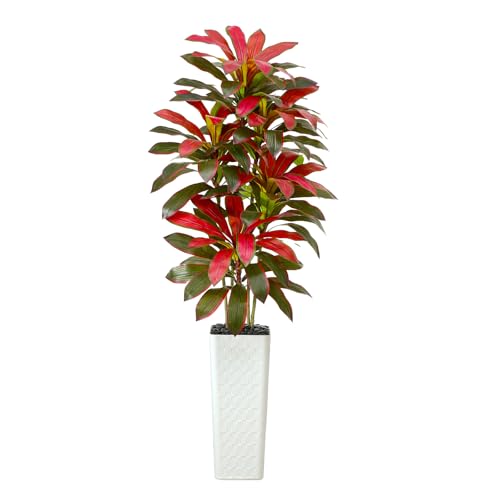 Image of Artificial Red Dracaena Tree Indoor, 7FT Tall Fake Floor Plants with White Planter & Pebbles, Faux Silk Yucca Tree for Home Office Living Room Bedroom Farmhouse Modern Outdoor Topiary Tree