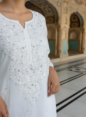 Image of Fashion Chikan Art Women's Lucknowi Premium Chanderi Silk Hand-Embroidered Chikankari Kurti & Palazzo Set | Elegant Festive & Casual Wear Ethnic Suit