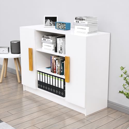 Image of Bniture Storage Cabinet Wooden Sideboard for Living Room with 3 Shelf and 2 Door | Multipurpose Book Shelf Storage Organizer Cabinet for Office Home Hallway Drawing Room Bedroom | Frosty White