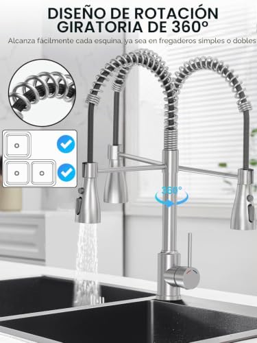 Miniatura 3 de Srewohs Pro - Grifo Mezclador Para Fregadero De Cocina Con 4 Funciones, Giratorio 360 , Mango Único, Arco Alto, Acero Inoxidable, Grifo De Cocina Comercial Para Accesorios Estándar Del Reino Unido