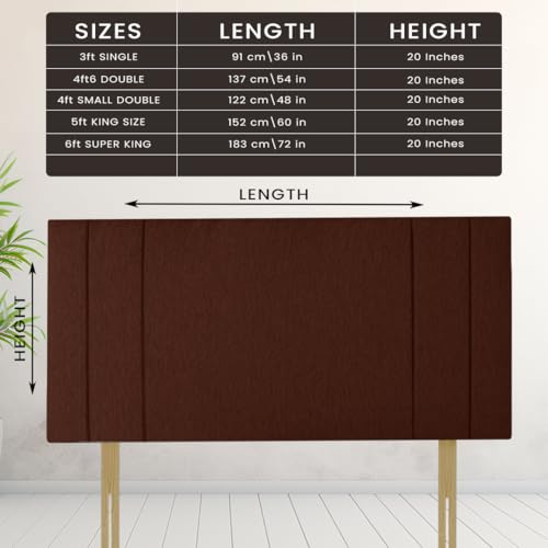 RIO Padded Lined Divan Bed Headboard | Chenille Fabric Double Headboard for bed frames | Elegant design wooden material headboards for beds (Brown,4ft6 Double H-20inch)