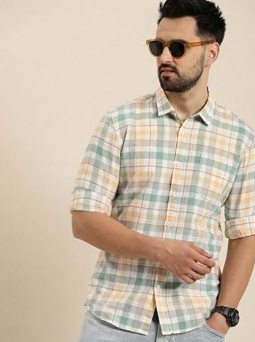 Image of IndoPrimo Men's Checked Slim Fit Casual Shirt Premium Cotton Full Sleeve Plaid Shirt with Chest Pocket Stylish Summer & Office Wear