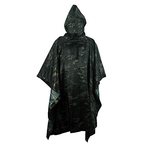 Acme Approved Waterproof Rain Poncho Lightweight Reusable Hiking Hooded Coat Jacket for Outdoor Activities-Military Style Black Multi cam 55