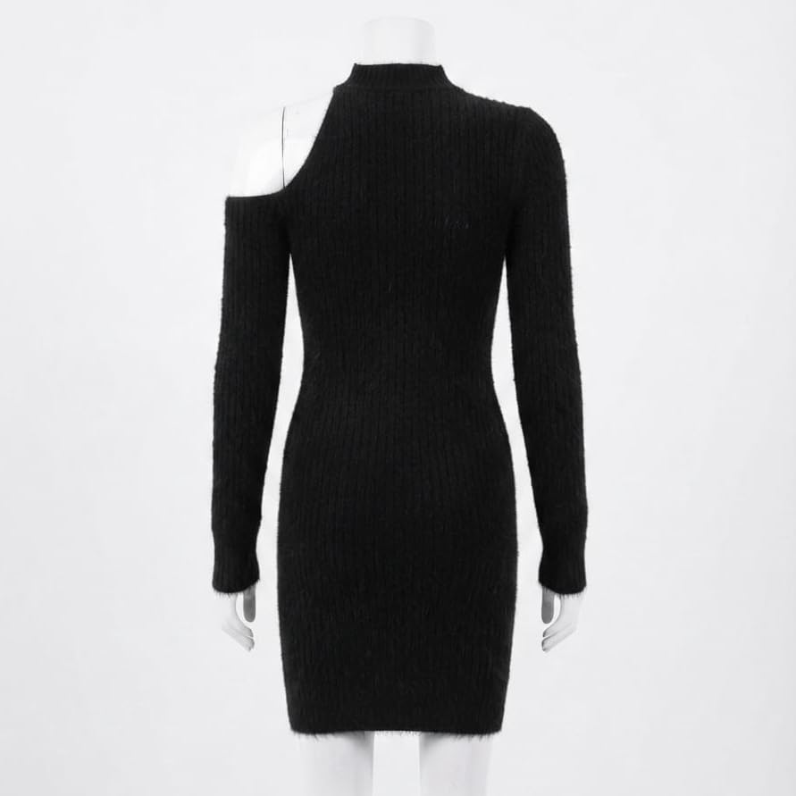 Image of Women Ribbed Knit Bodycon Dress with Asymmetrical Cut Out Neckline Premium Boutique Single Piece Long Sleeve Winter Midi Dress Unique One of One Limited Availability Grey