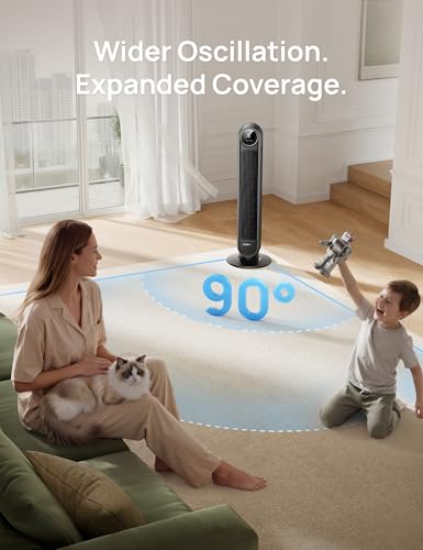 Image of DREO Tower Fan for Bedroom, 2026 Upgraded DC Motor, 28ft /s High Velocity, 20dB Ultra Quiet Standing Fan, 8 Speeds 4 Modes, 90 Oscillating Bladeless Fan for Indoors, Floor Fans with Remote, Black