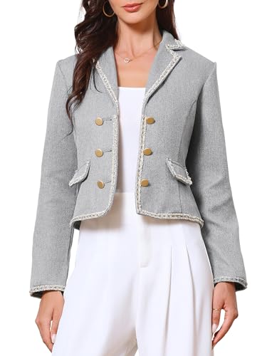Allegra K Dressy Casual Tweed Jacket for Women's Vintage Notched Lapel Long Sleeve Cropped Blazer