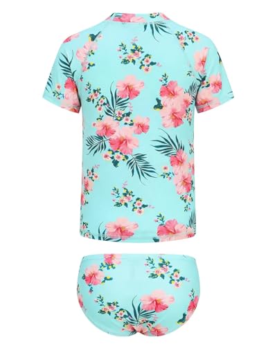 Image of Girls Two Piece Swimsuits Short Sleeve Rash Guard Swim Shirt Bikini Bottom Swim Set Bathing Swim Set Swimwear 3-16 Years