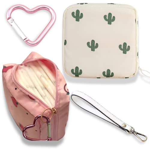 Image of Adorable Pink Peri - Reusable Sanitary Napkin Pads Storage Bag Portable for Women Girls | Made of Nylon + Water Resistance | Zero Waste Period (2-Pack Peach + Cactus), 1.0 Count
