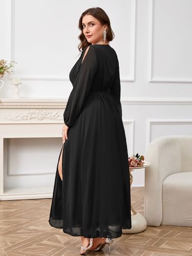 ZOMVA Plus Size Chiffon Maxi Dress V-Neck A-line Long Sleeve Front High Slit Formal Dress Mother of Bride Wedding Guest2