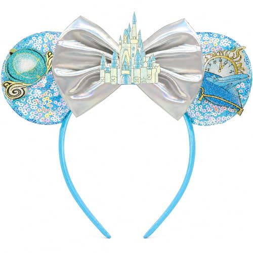 YUNISS Handmade Sparkly Castle Mouse Ears Headband for Adults & Kids | Upgraded Wide Band | Velvet Non-Slip Band All-Day Comfort (Castle-Blue One Size)