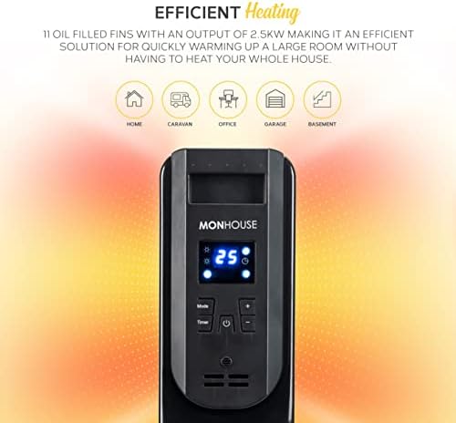 MONHOUSE Oil Filled Radiator - Energy Efficient 11 Fin Portable Electric Heater - Built In Thermostat & Digital Display - Remote Control, Overheat and Tip Over Safety Cut Off - 3 Heat Settings -Black