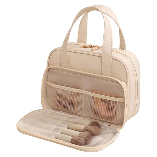 Neceser de Viaje para Mujer, Bolso de Maquillaje Grande, Organizador de Viaje con Asas, Neceser Cosméticos con Múltiples Compartimentos Impermeable (Blanco Roto)