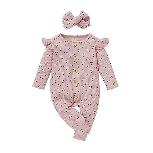 Image of CBHAIBLYD Newborn Baby Girl Clothes Infant Girl Romper Ruffle Long Sleeve Floral Jumpsuit Fall Outfits with Headband