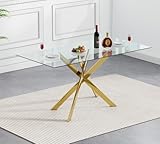 Binrrio 51' Rectangular Glass Dining Table - Modern Gold Metal Legs, Clear Glass Top for 4, Dining & Home Office