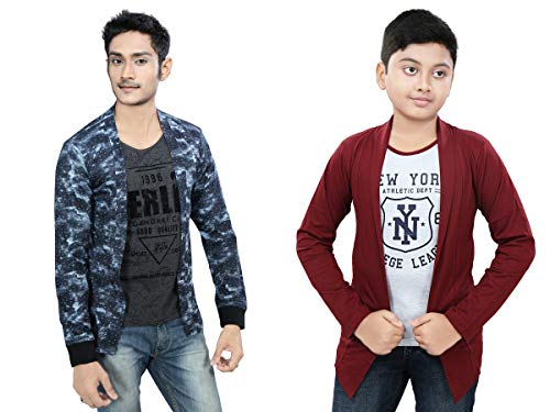 Image of Boy's Cotton White Printed T-Shirt with Blue Jacket Shrug