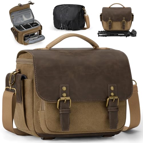Image of RAINSMORE Camera Bag, Vintage Canvas Camera Sling Bag Crossbody Camera Case | Water-resistant DSLR SLR Mirrorless Camera Bag for Photographer with Rain Cover & Tripod Holder for Sony Canon Nikon Fujifilm
