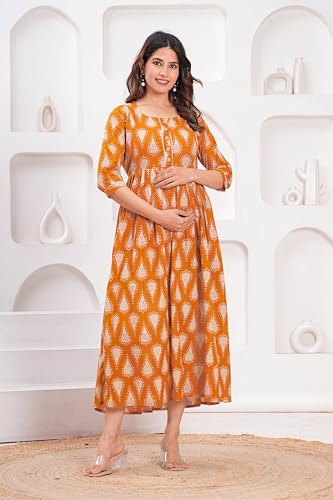 Image of Women's Feeding Kurta Cotton | Floral Anarkali Pregnancy Kurta with Nursing Zipper | Pre & Post Partum | Maternity Dresses | Mom to Be Gift