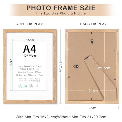 Bilderrahmen A4 MDF Holz Natur,3er Set 21x29.7cm Fotorahmen,DIN A4 Rahmen mit Acrylglas, Picture Frame 21x30 zum Aufhängen, 30x21 Holzrahmen mit Passepartout für A5 Dokumente,Zertifikate,Fotos,Poster
