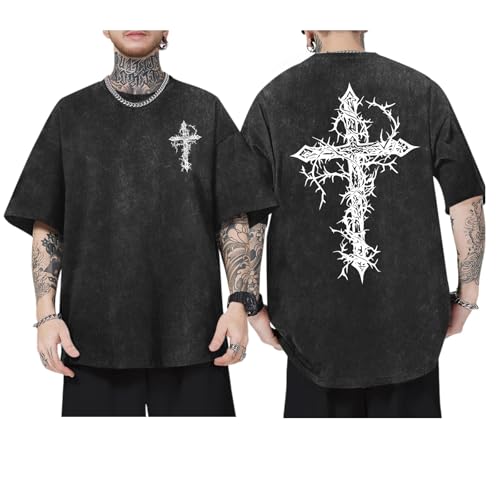 QISSYILY Mens Goth Shirt Oversized Acid Wash Grunge Shirts Gothic Cross Graphic Tees Vintage Streetwear Summer Tshirts(Black L)