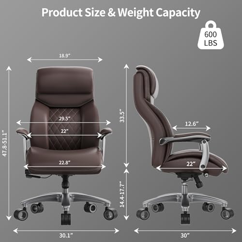 Image of Big and Tall Office Chair with Wide Area Armrest, 600lbs Heavy Duty Desk Chair with Adjustable Lumbar Support, PU Leather High Back Ergonomic Executive Computer Chair