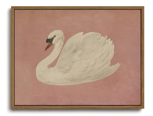 Image of KISSFOX Framed Wall Art Vintage Wall Decor Pink Swan Pictures Retro Animal Canvas Art Rustic Aesthetic Paintings Farmhouse Artwork For Bedroom Living Room Kitchen