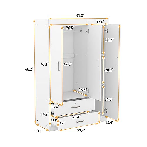 BOVZA 3-Door 2-Drawer Bedroom Armoire Wardrobe Closet with Hanging Rail and 3 Shelves, Wooden Freestanding Clothes Storage Cabinet, 41.3\" W x 68.2\" H x 18.5\" D, White