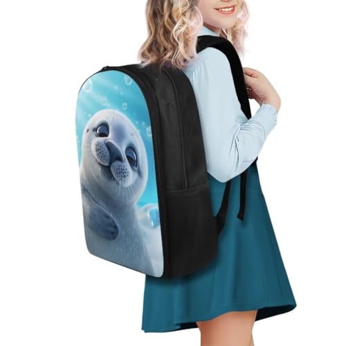 White Seal Print Kids Backpack for Girls 8-12Fashion Girl Print Backpack Multi-pockets Portable Rucksack 17 Inch Waterproof Daypack for Middle Students3