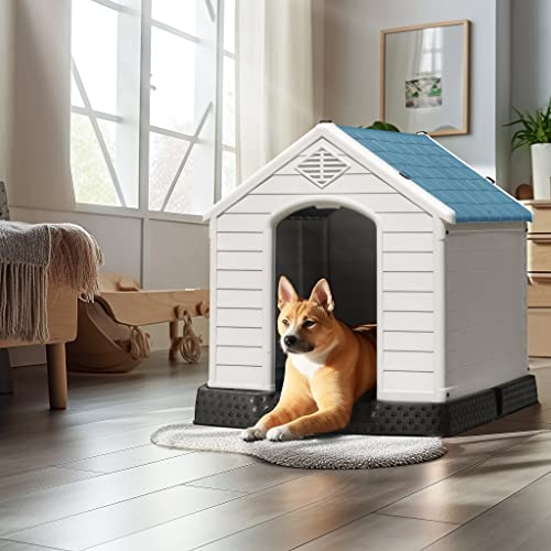 Outdoor Dog House Plastic Waterproof Doghouse For Small Medium Large Dogs Outside Dog Kennel With Air Vents And Elevated Floor (28.5" D X 26" W X 28" H, Blue) #TOP2