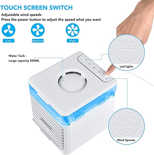 Mini Climatiseur Mobile, 3 en 1 Refroidisseur d'air Portable USB Ventilateur une Veilleuse 7 Couleurs, Humidificateur à évaporation, avec Minuterie 2/4/6 H, 3 Vitesses, pour Bureau Chambre Couche - Image 5