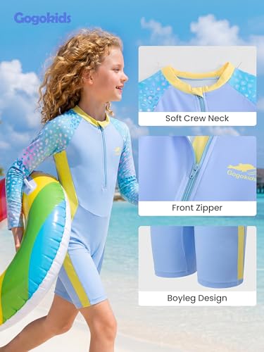 Gogokids Girls One Pieces Swimsuits Long Sleeve Rash Guard Suits UPF 50+ Bathing Suits Zipper Quick Dry Swimwear,Light Blue,7-8 Years — view 6