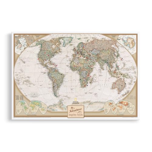 Image of Executive World Map with Pins - Detailed National Geographic Canvas Travel Map - Extra Large Modern Frameless Wall Art - Gallery Wrap - 34 inch x 51 inch