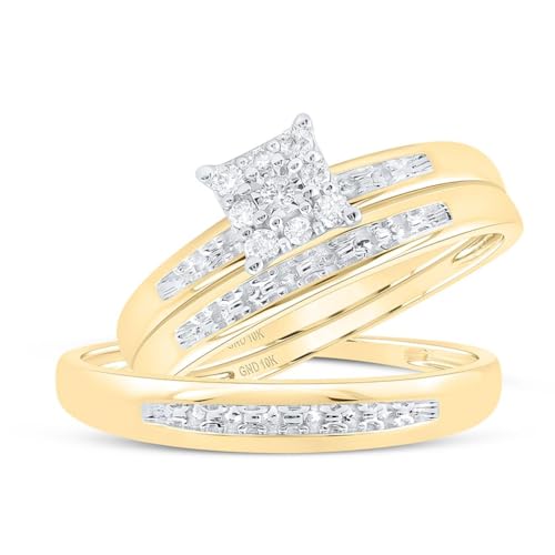 Jewels By Lux 10K Yellow Gold 1/10Ctw Diamond Fashion His and Hers Engagement Wedding Bridal Band and Ring Trio Set