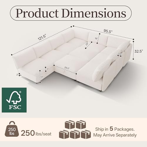 Image of Oversized Corduroy Modular Sectional Sofa Bed with Hidden Storage, Convertible L U Sleeper Couch, Modular Sofa 10 Seat Free Combination with Ottoman & Removable Covers for Living Room, White