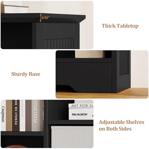 Image of 8 Cube Storage Organizer Shelf, Wood Cubby Storage with 4 Fabric Drawers, 2 Tier Wooden Bookshelf with 2 Adjustable Shelves & Fluted Side Panels for Bedroom, Living Room, Home Office, Black