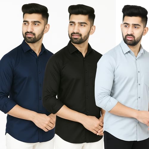 Image of Men's Polycotton Solid Shirt Pack of 3 | Regular Fit Full Sleeve Casual & Formal Wear Shirt Combo for Men | Soft & Durable Shirts