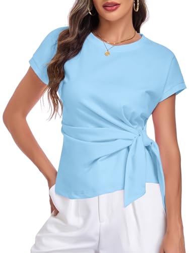 Image of HOTIAN Womens Cap Sleeve T Shirts 2026 Tie Waist Wrap Tops Crew Neck Blouses Dressy Casual Loose Work Business Dressy