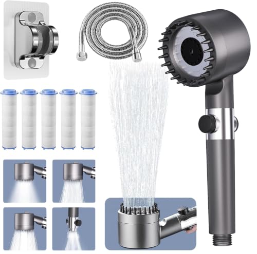 Ion Drop Shower Head - High Pressure Handheld Showerhead with 5 Filters 4 Spray Modes Pause Switch Ion Shower Head with 59 Explosion-Proof Hose & Bracket for Hard Water & Pets Gray