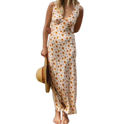 Image of Women Midi Dress Bohemian V Neck Long Dress Sleeveless Floral Print Maxi Dress, Women Y2k Floral Deep V Neck Maxi Dress