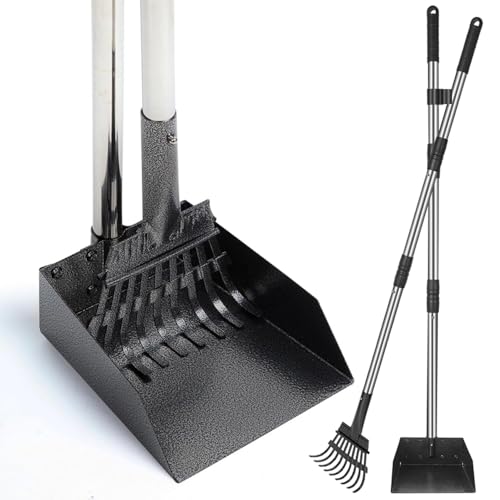 THALWEN Dog Pooper Scooper Durable Dog Poop Tray and Long Handle Rake Set for Large Medium Small Dogs Heavy Duty Pet Suppliers ((Rake + Pan) Medium Set)