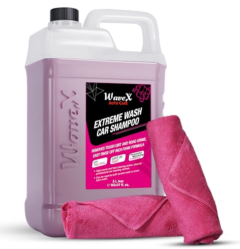 Wavex Car Shampoo Extreme Wash 5L with Two Pcs Microfiber Cloth 40x40cm 340gsm | pH Neutral | Also works as Foam Wash Shampoo