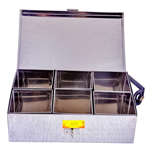 SHIV SHAKTI ARTS Stainless Steel Spice Box, 6 Compartment, Masala Dabba Utility Container, Masala Peti (1 piece ,Steel,Large) W-18 cm, H-6.5 cm, L-26 cm
