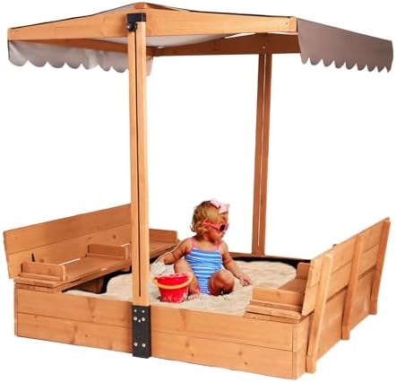 Kids Sandbox with Lid Sand Box with Cover,Foldable Bench Seats, Adjustable Height Roof,Bottom Liner