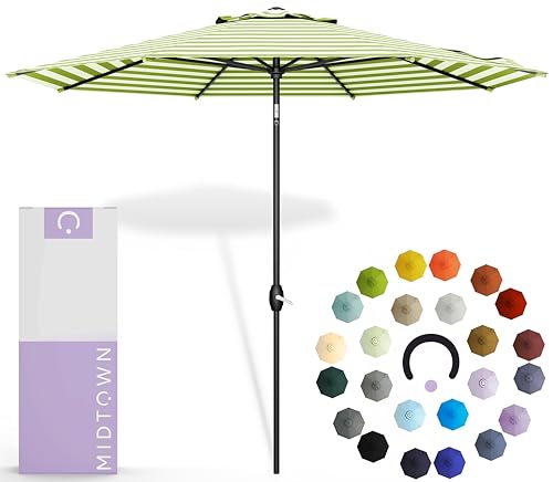 Midtown Umbrellas The Lean 10 Feet Outdoor Umbrella With Terylast Pear Stripes (Green/White Stripes) Polyester Fabric - Auto-Tilt Aluminum Frame Patio Umbrella For Deck, Garden, Pool - Black Pole
