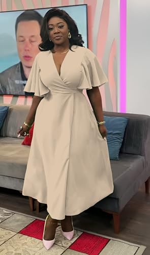 Image of Summer Dresses for Women Semi-Formal Fit Casual Short Ruffle Sleeve V Neck Elegant Swing Split Long Maxi Dresses