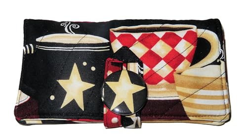 Tea Bag Wallet Includes 4 Tea Bags, Handcrafted, Four Pocket Wallet, English Tea Time Quilted Black Red and Cream Cups and Mugs