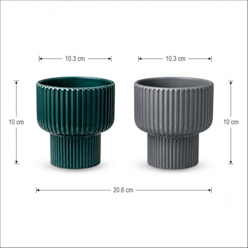 Image of Xtore Striking Ribbed Ceramic Planter Set for Indoor Plants | Contemporary Decorative Flower Pots for Living Room, Office Desk, Shelf & Tabletop Greenery (Set of 2, Teal Green & Grey, Planters only)