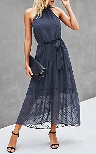 Image of PRETTYGARDEN Women's Halter Neck Floral Long Maxi Dress Casual Sleeveless Backless Dresses Loose Ruffle Sundress with Belt